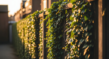 A wooden fence densely covered in green ivy leaves, illuminated by the warm, golden light of the setting sun. The background shows a blurred suburban street or pathway, creating a peaceful and nostalgic atmosphere.の素材
