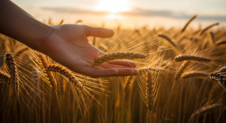 A close-up of a hand gently touching ripe wheat stalks in a field during a golden sunset. The image symbolizes harvest, connection to nature, and the abundance of agriculture.の素材