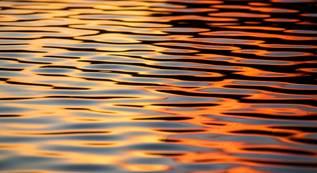 Abstract water ripples reflect the warm, golden hues of a sunset, creating a mesmerizing pattern of light and shadow. The fluid motion and metallic colors evoke a sense of calm and natural beauty.の素材