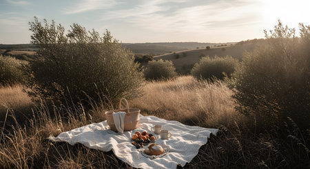 A serene picnic setup on a white blanket in a grassy meadow during the golden hour. A basket, mugs, fruit, and bread are arranged against a backdrop of rolling hills bathed in warm, soft sunlight.の素材