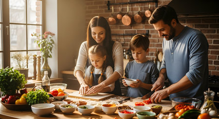 A happy family of four cooking together in a modern kitchen, with the mother kneading dough, the father chopping vegetables, and the children helping out. Sunlight streams through the window, creating a warm and loving domestic scene.の素材