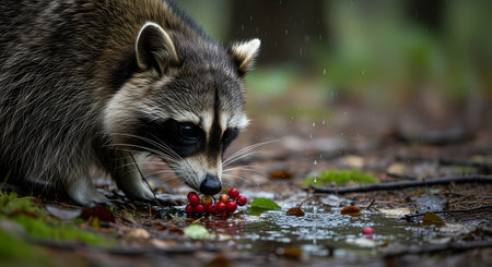 A close-up of a raccoon in a forest setting, dipping red berries into a small puddle of water. The image captures the animal's focused expression and tactile behavior, characteristic of raccoons washing their food.の素材
