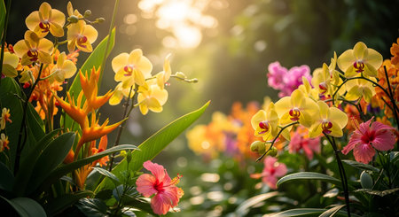 A vibrant arrangement of tropical flowers, including yellow orchids and pink hibiscus, blooms in a sunlit garden. The soft, bokeh background highlights the delicate petals and rich colors of the flora.の素材