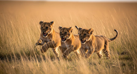 Three energetic lion cubs running together through dry savanna grass during the golden hour. The young wild cats display playful expressions as they move through the warm, sunlit environment.の素材