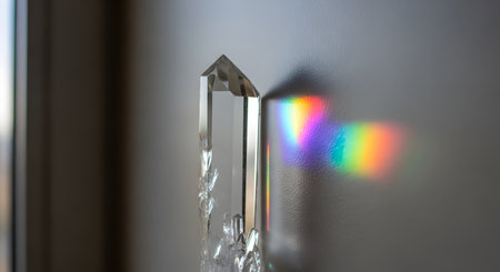 A clear quartz crystal point stands vertically, refracting sunlight to cast a vibrant rainbow spectrum on the wall. The image captures the optical phenomenon of light splitting into colors through a prism.の素材