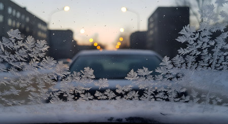 Complex frost patterns cover a car windshield, obscuring a view of a city street during a winter sunset. The background is a blur of warm streetlights and building silhouettes, contrasting with the cold ice crystals in the foreground.の素材