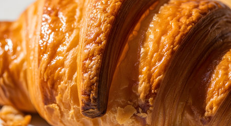 An extreme close-up of a freshly baked croissant showing the flaky, golden-brown layers of pastry. The detailed texture highlights the buttery crispness of the traditional French baked good.の素材