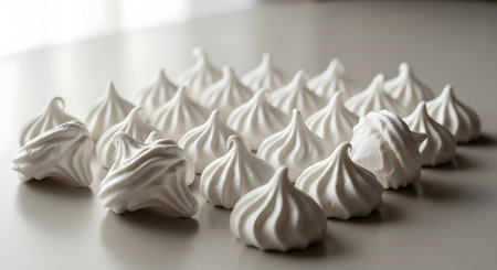 A close-up arrangement of white meringue cookies with stiff peaks placed on a neutral surface. The sweet confectionery treats are lit with soft, natural lighting, highlighting their texture and shape.の素材
