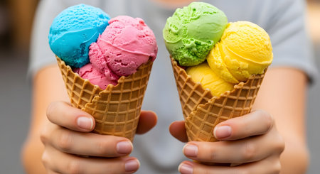 A pair of hands holds two waffle cones filled with scoops of bright blue, pink, green, and yellow ice cream. This close-up shot captures the joy of summer treats, sweetness, and colorful desserts ready to be enjoyed.の素材