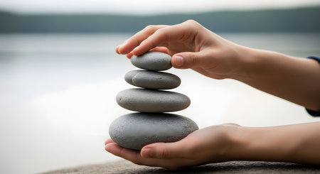 Close-up of hands carefully placing a smooth stone on top of a balanced stack against a blurred lake background. The image symbolizes balance, harmony, mindfulness, and the art of zen meditation in nature.の素材