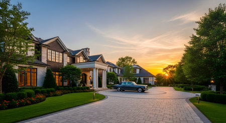 A magnificent luxury estate and mansion bathed in the warm glow of sunset, featuring a large circular paved driveway. A vintage luxury car is parked in the foreground, complementing the grand architecture and manicured landscaping.の素材
