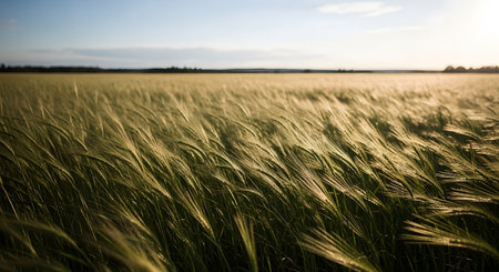 A sweeping view of a golden wheat field with tall stalks swaying in the breeze under a warm sunset sky. The backlit scene highlights the texture of the crops, symbolizing agriculture, harvest season, and the beauty of nature's growth.の素材