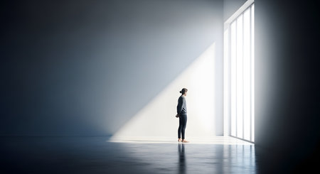 A solitary figure stands in a large, dark minimalist room looking towards a massive window filled with bright white light. The image captures themes of hope, future, contemplation, and the contrast between darkness and light in a serene architectural setting.の素材