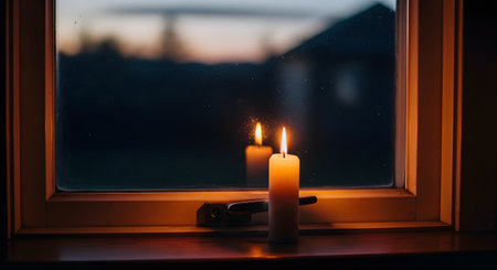 A single white candle burning on a window sill against a twilight backdrop. The flame reflects softly in the glass, creating a cozy and contemplative atmosphere while the outside world fades into darkness.の素材