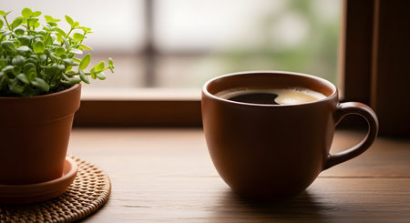 A close-up shot of a brown ceramic coffee cup and a small potted succulent plant resting on a wooden surface near a window. The soft natural lighting and blurred green background create a cozy, peaceful atmosphere perfect for relaxation or a morning routine.の素材