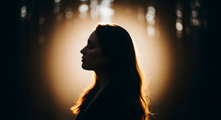 The silhouette of a woman's profile is captured against a bright, golden backlight in a forest setting. Her eyes are closed and her expression is serene and contemplative, creating a mystical, spiritual, and atmospheric mood.の素材
