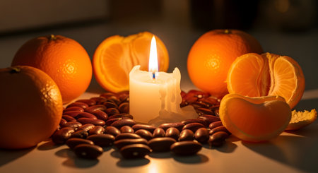 A still life composition featuring a lit candle surrounded by a circle of red beans and fresh oranges. The warm lighting creates a mysterious and symbolic atmosphere.の素材
