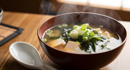 A bowl of steaming hot miso soup filled with tofu cubes, seaweed, and scallions rests on a wooden table. The rising steam and soft lighting create a comforting and authentic atmosphere, highlighting traditional Japanese cuisine.の素材