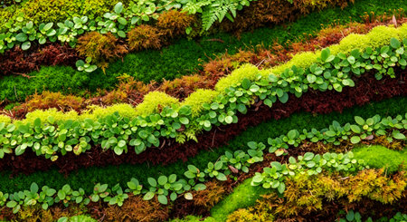 A detailed close-up of terraced layers of vibrant green moss and small leafy plants interspersed with brownish earth tones. The natural arrangement creates a rhythmic, wave-like pattern, highlighting the texture and diversity of the forest floor or vertical garden.の素材