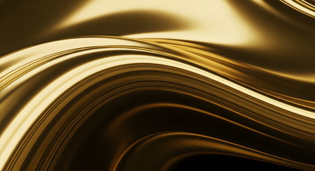 Abstract waves of liquid gold flow smoothly across the frame, creating elegant curves and deep metallic reflections. The silky texture and rich golden tones convey a sense of luxury, wealth, and fluidity.の素材