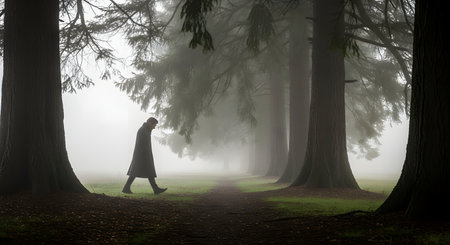 A silhouette of a man walking alone along a path in a dense, foggy forest. The tall trees and misty atmosphere create a sense of mystery, solitude, and perhaps a touch of melancholy or deep thought.の素材