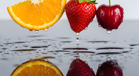 A fresh and juicy composition featuring a slice of orange, a strawberry, and a cherry suspended in a row with water droplets dripping from them. The fruits are reflected on a wet, glossy surface below, emphasizing freshness and hydration.の素材