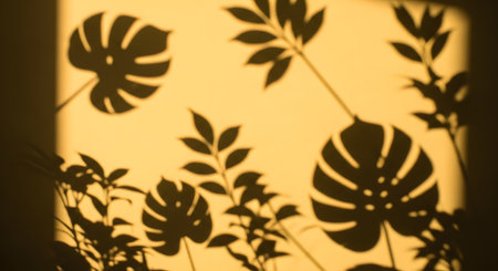 Dark silhouettes of tropical monstera and palm leaves are cast against a warm yellow wall by bright sunlight. The play of light and shadow creates a minimalist, artistic, and summer-themed aesthetic background.の素材