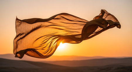 A piece of translucent brown silk fabric floating elegantly in the wind against a golden sunset sky. The flowing material creates abstract shapes and waves, symbolizing freedom, lightness, and motion in a desert-like setting.の素材