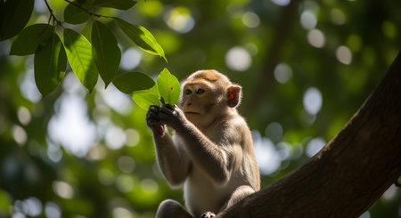 A small monkey sits on a tree branch in a forest, curiously holding and inspecting green leaves. Sunlight filters through the canopy, highlighting the animal's fur and the lush natural environment.の素材