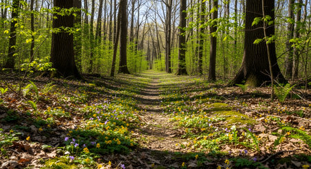 A serene dirt path leading through a dense deciduous forest filled with blooming yellow and purple wildflowers in spring. Sunlight filters through the fresh green canopy, casting dappled shadows on the trail.の素材