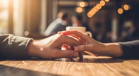 A close-up shot of a couple holding hands gently on a wooden table, bathed in warm, golden sunlight. The background is softly blurred with bokeh, emphasizing the emotional connection, love, and support between the two individuals.の素材