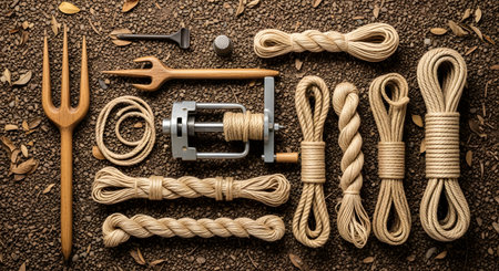 A neatly organized flat lay (knolling) of various ropes, twine, and splicing tools arranged on a textured brown surface. The composition showcases craftsmanship equipment including fids, needles, and coiled cordage.の素材