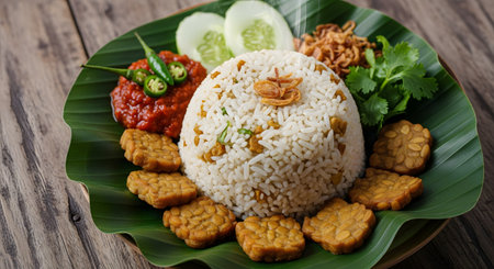 A plate of traditional Indonesian white rice served in a cone shape, accompanied by tempeh, sambal, and fresh cucumber slices on a banana leaf. This authentic dish represents the rich culinary heritage and savory flavors of Southeast Asian cuisine.の素材