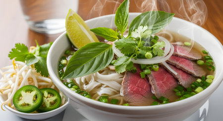 A steaming bowl of Vietnamese Pho beef noodle soup garnished with fresh basil, cilantro, onions, and lime. The rich broth and rare beef slices make for an appetizing and authentic Asian culinary experience.の素材