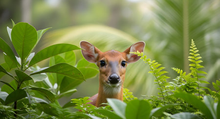 A young deer peeks through lush green forest leaves, looking directly at the camera with large, innocent eyes. The soft lighting and natural framing create a cute and engaging wildlife portrait.の素材