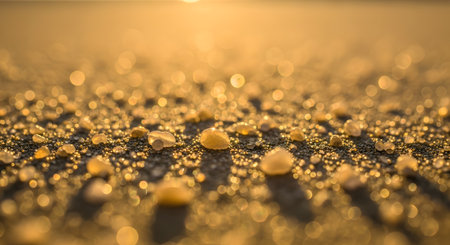 An extreme close-up of golden sand grains illuminated by a warm sunset light. The background features a glittering bokeh effect, creating a magical and abstract summer atmosphere.の素材
