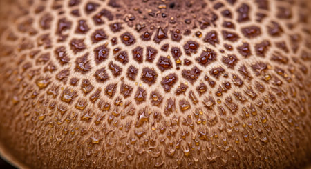 A detailed macro shot of a brown mushroom cap surface covered in tiny water droplets. The complex organic pattern and texture of the fungus are highlighted, showcasing nature's intricate design and wet surface details.の素材