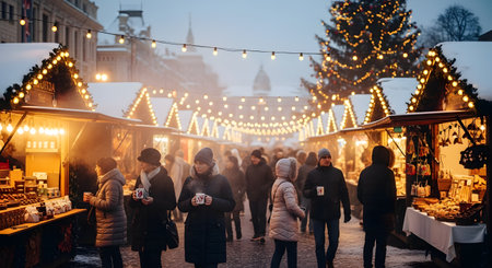 A bustling Christmas market is illuminated by string lights on a snowy winter evening. People in warm clothes stroll among the festive stalls, creating a cozy and traditional holiday atmosphere.の素材