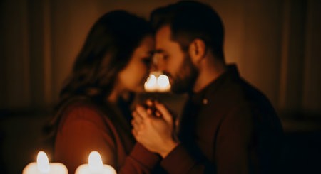 A soft-focus, romantic image of a couple touching foreheads in an intimate moment, framed by glowing candles in the foreground. The warm lighting and blurred silhouette create a mood of love, affection, and closeness.の素材