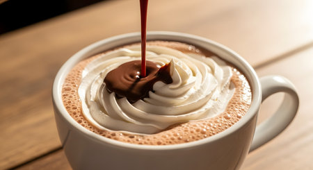 Rich chocolate syrup being poured onto a swirl of whipped cream atop a hot coffee or mocha drink. The liquid creates a delicious contrast against the white cream, served in a ceramic cup on a wood table.の素材
