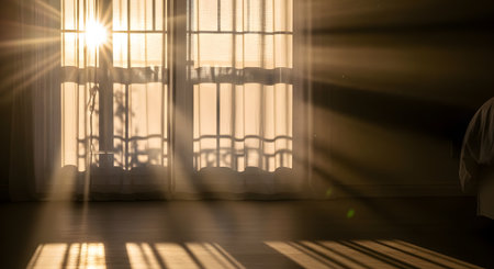 Bright sunlight bursts through sheer window curtains, casting long, dramatic shadows across the floor. The scene evokes a warm, dreamy morning atmosphere within a peaceful home interior.の素材