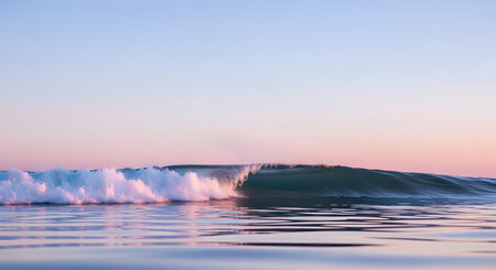 A gentle ocean wave rolls towards the shore under a soft pastel sunset sky. The pink and blue hues reflect on the water, creating a calm and scenic coastal atmosphere.の素材