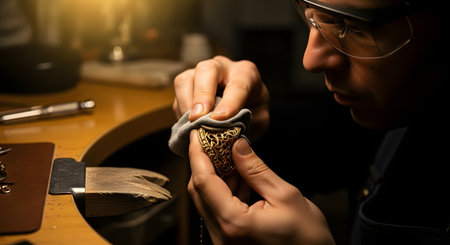 A close-up of a jeweler's hands inspecting and polishing an intricate gold ring in a workshop. The artisan wears safety glasses and uses a cloth, highlighting the precision and craftsmanship involved in jewelry making.の素材
