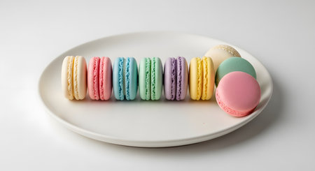 A row of pastel-colored French macarons is neatly arranged on a white ceramic plate against a white background. The assortment includes pink, blue, green, and yellow treats, showcasing their smooth shells and delicate meringue texture.の素材