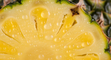 A macro close-up of a fresh pineapple slice, showing the yellow flesh, fibrous texture, and glistening water droplets. The detail emphasizes the juicy, sweet, and refreshing nature of the tropical fruit.の素材