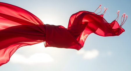 A piece of vibrant red silk fabric flows elegantly in the wind against a clear, bright blue sky. The sunlight highlights the texture and transparency of the material as it dances in the air, creating a sense of freedom and motion.の素材