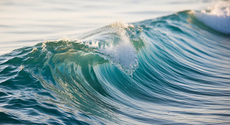 A close-up of a curling ocean wave in soft sunlight. The translucent green water and white sea foam capture the energy and motion of the sea in a serene and refreshing way.の素材