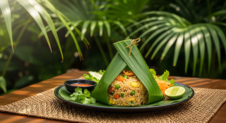 A traditional Indonesian dish featuring fried rice shaped into a cone and wrapped in banana leaves, served on a plate with cucumber and chili sauce. The presentation reflects authentic Southeast Asian culinary culture.の素材