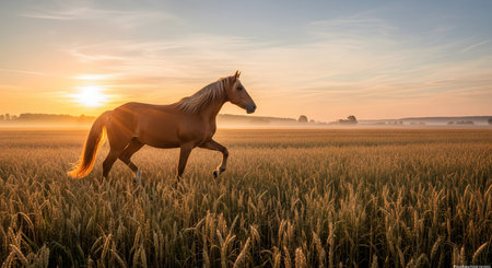 A majestic brown horse trots through a golden wheat field during a misty sunrise. The warm sun illuminates the horse's mane and the tips of the grain, creating a peaceful and scenic rural landscape.の素材