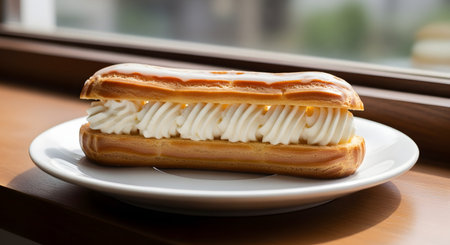A delicious eclair pastry filled with generous white cream and topped with a glossy glaze, sitting on a white plate. The dessert is placed on a wooden windowsill with a blurred outdoor background, inviting a relaxing snack time.の素材